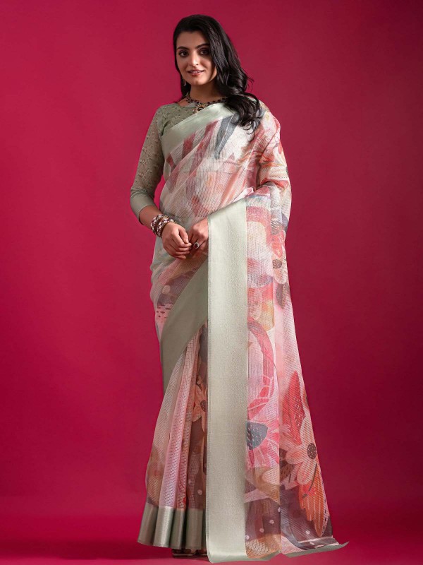 Dusty Green Linen Silk Digital Print Saree